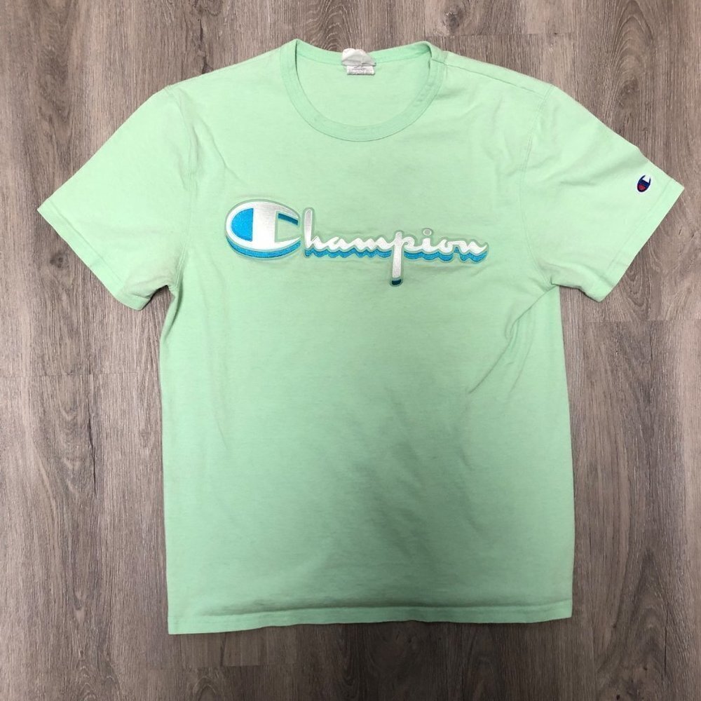 Vintage Champion Women's Size Medium T Shirt Aqua Baby Tee 3D Embroidered Logo